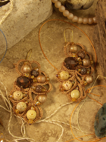 Tatted bronze earrings with stone and crystal beads.