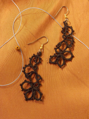 Twilight Tangle Tatted Earrings - Hand-Tatted Lace in Black Black tatted lace earrings with flowing loops and soft shimmer.
