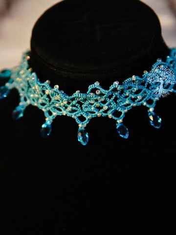 Glacialis Drift - Tatted Lace Choker with Crystal Drops Icy blue tatted choker with crystal drops and silver clasp.