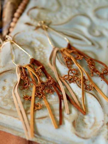 Tatted lace and leather fringe earrings with golden thread.
