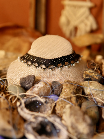 Ribbon Reverie Black Tatted Lace & Ribbon Necklace Hand-tatted ribbon choker featuring black lace on black ribbon.