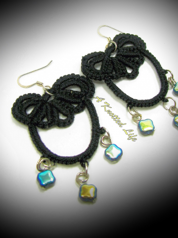 "Midnight Tide" Tatted Earrings Black tatted lace earrings with blue-black-gold ocean shimmer.