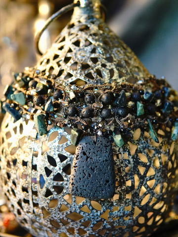 Layered tatted necklace with lava beads and green stones