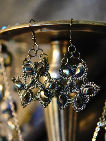 Storm-grey tatted earrings with hematite beads