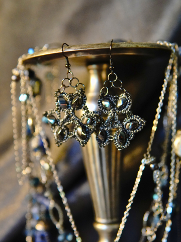 Hematite and lace earrings on metal chalice