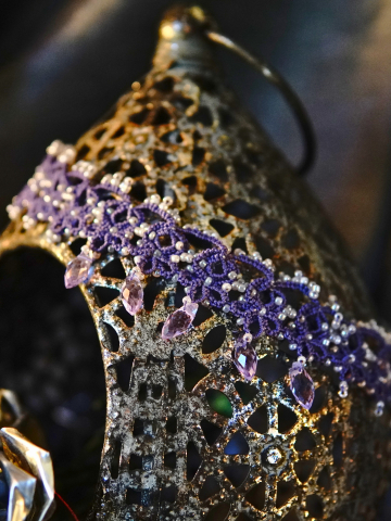 Purple tatted lace choker with layered beadwork and crystal drops