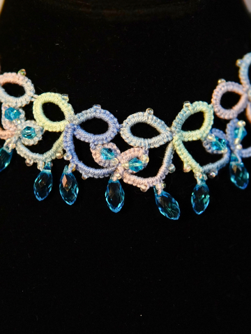 Ocean-toned tatted lace necklace with aqua teardrop beads