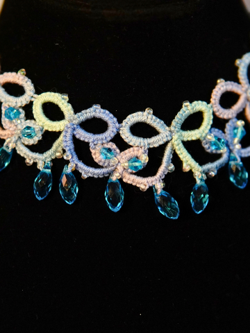 Ocean Lace Detail - Raindrops on the Shore Ocean-toned tatted lace necklace with aqua teardrop beads