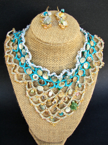 Sandy Treasures tatted lace necklace and earrings with shells, pearls, glass.