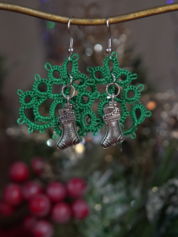 Lace Christmas tree earrings with silver stocking charms
