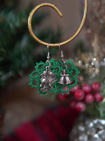Christmas wreath earrings with silver bell drops