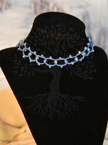 Tatted sea-blue choker with crystals.
