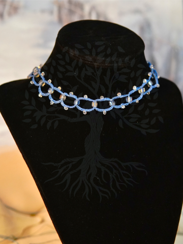 Tideglass Links - Tatted Necklace by A Knotted Life Jewelry Tatted sea-blue choker with crystals.
