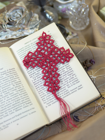 Handmade Tatted Lace Cross Bookmark – Cranberry