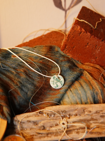 Alabaster Impressions – Small Round Pendant with Green Patina