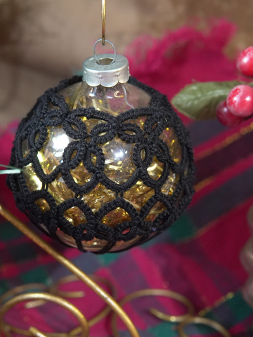 Tatted Lace Glass Ornament – Ornate Black Lace on Gold Glass