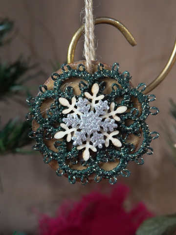 Set of 3 Wood Slice Tatted Wreath Ornaments – Snowflake, Poinsettia & Holly
