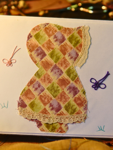 Set of 3 Sunbonnet Notecards with Tatted Butterflies – Handmade Fabric & Lace Cards