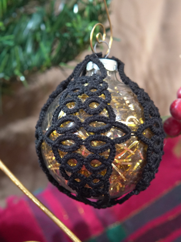 Tatted Lace Glass Ornament – Black Lace on Gold Speckled Glass