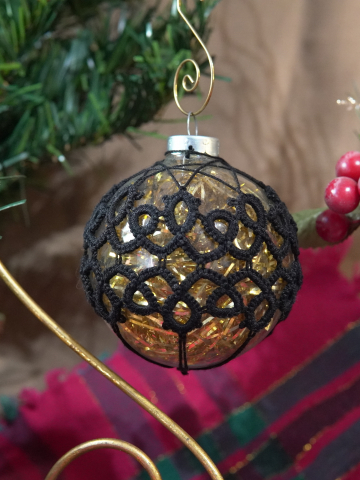 Tatted Lace Glass Ornament – Black Lace on Deep Gold Glass