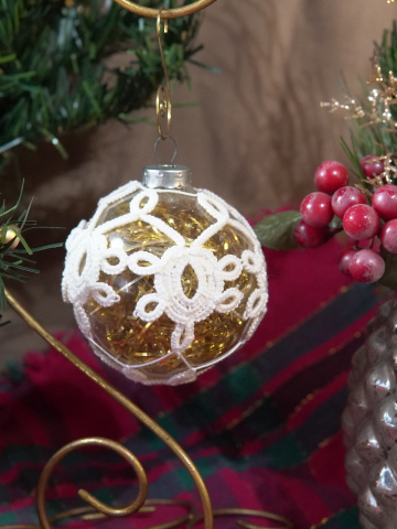 Tatted Lace Glass Ornament – White Lace on Gold-Pearl Glass