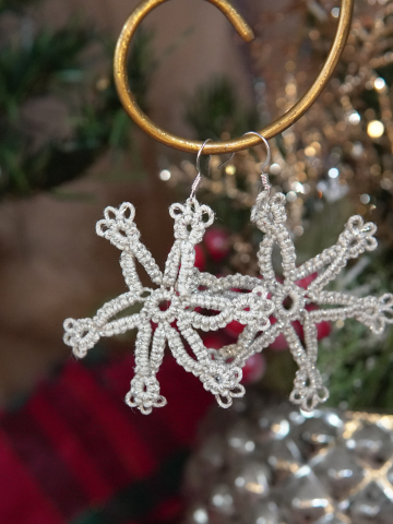 Tatted Simple Silver Snowflake Earrings – Sparkle Winter Lace Jewelry