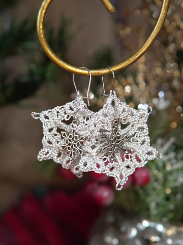 Tatted Winter Lace Earrings with Silver Snowflake Charms