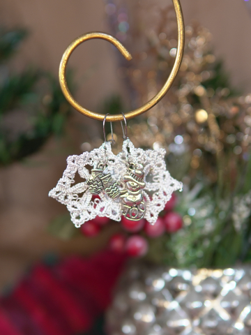 Tatted Winter Lace Earrings with Silver Mitten & Snowman Charms