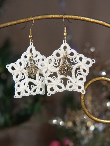 Tatted Winter Star Lace Earrings with Silver Snowflake Charms