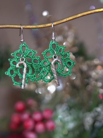 Tatted Christmas Tree Earrings with Candy Cane Charms