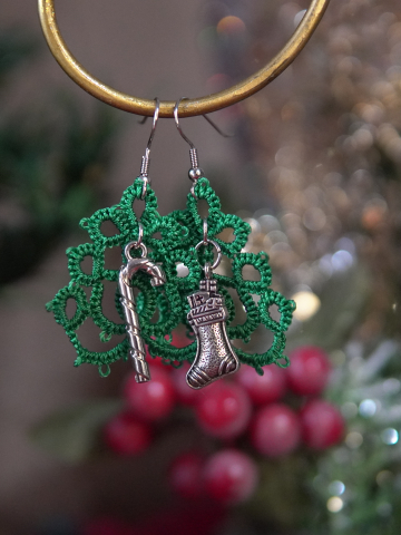 Tatted Christmas Tree Earrings featuring Stocking and Candy Cane Charms