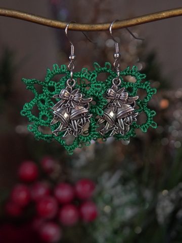 Tatted Christmas Wreath Earrings with Coordinating Bell Charms